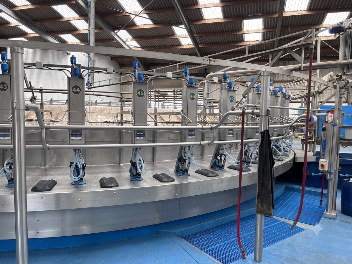 Modern stainless steel rotary milking parlour with numbered stalls at Mount Congreve Farm