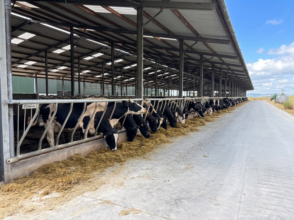 Long open cattle shed at Mount Congreve Farm with Holstein Friesian cows at the feed rail